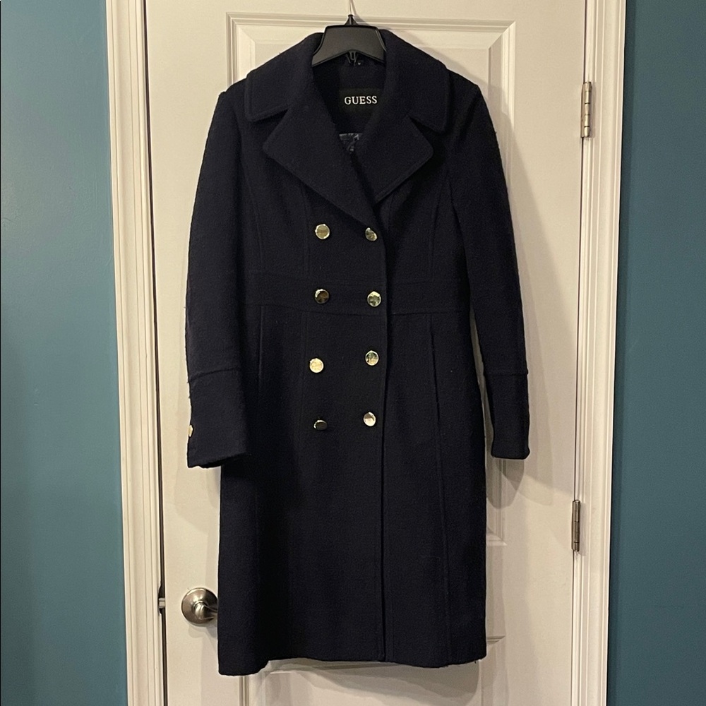 💖 GUESS Vintage Dark Blue Long Wool Pea Coat with Gold Buttons